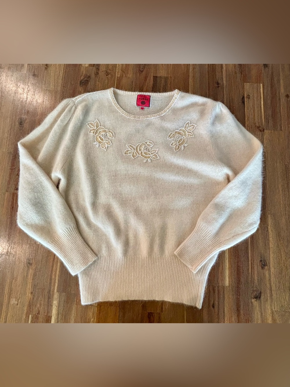 Fuego Cream Crewneck Sweater with Floral Appliqué